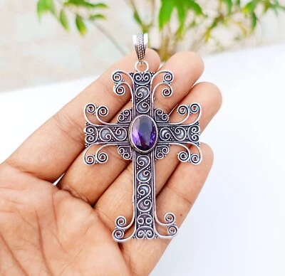 Amethyst Cross Pendant 925 Sterling Silver Handmade Gemstone Jewelry 3.18" - Image 1 of 4
