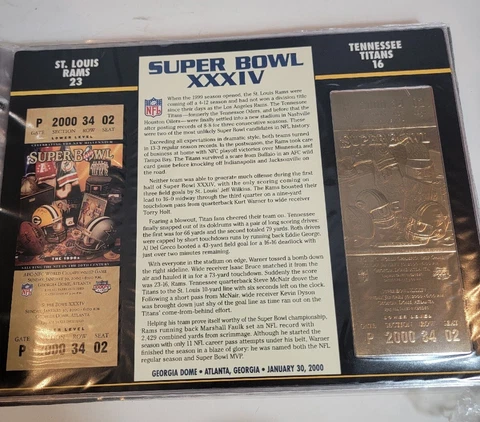 Super Bowl XXXIV 22kt Gold Ticket Stub NFL St Louis Rams Vs Tennessee Titans Cover