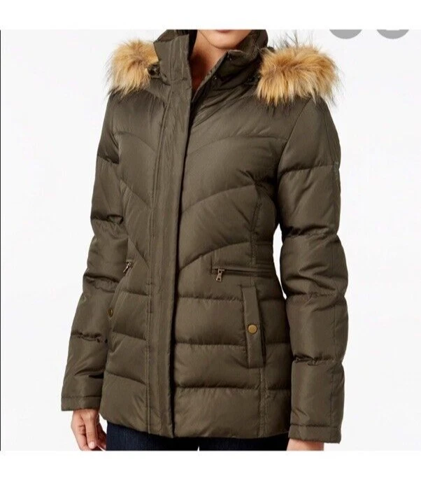 Chaqueta acolchada de plumón Larry Levine para mujer color oliva ribete de piel sintética capucha cremallera - talla grande 2X Foto 1 de 4