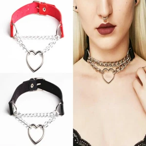 New Punk Halsband mit Herz Kette Metall Sklave Schwarz Rot Bondage Leder BDSM - Bild 1 von 10