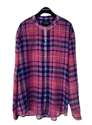 JUICY COUTURE Semi Transparente CAMISA A CUADROS Logo Abotonada Blusa Top Rosa Orquídea S Foto 1 de 4