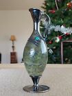 Antique Italian Murano Fleck Glass 925 Silver Inlaid Green Agate Art Holy Vase