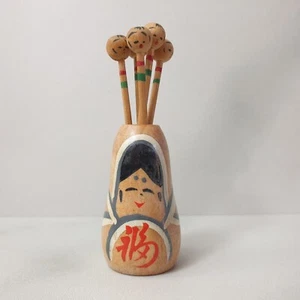Kokeshi Doll Toothpicks Hors D'oeuvres Hand Painted Wooden Japan Vintage - Picture 1 of 7