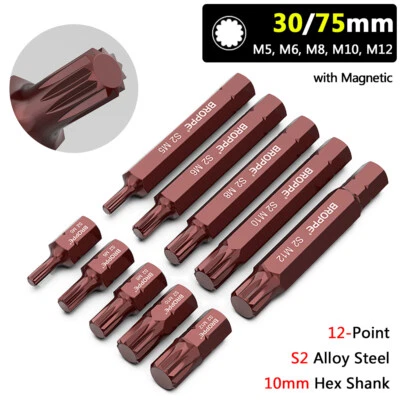  30mm/75mm Triple Square 12 Point Spline Bit Set XZN Bit M5-M12 Screwdriver Bits - Image 1 of 4