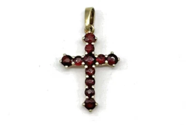 333/- 8 Kt Gold Anhänger, Kreuz, Granat, rund, 27 mm lang, guter Zustand - Bild 1 von 3