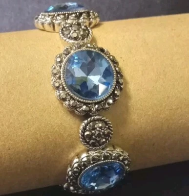 Ocean Blue Rhinestones Designs Silver Tone Bracelet, Stretch to fit - Image 1 of 4