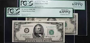 Lot of 2 Fr#2112-G 1950E $50 FRN Chicago (SN:G17496177/8A) PCGS CUNC 63 - Picture 1 of 6