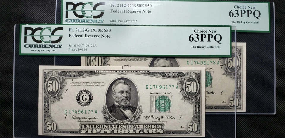 Lot of 2 Fr#2112-G 1950E $50 FRN Chicago (SN:G17496177/8A) PCGS CUNC 63 - Image 1 of 4