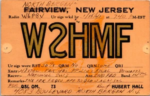 1941 W2HMF North Bergen New Jersey Ham Radio Amateur QSL Card Postcard - Picture 1 of 3