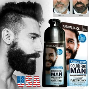 Men 2 in1 Beard & Mustache Natural Hair Color Shampoo Permanent Black Dye 200ml - Bild 1 von 21