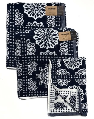 Wrangler Bath Hand Towels Bandana Blue Set Of 3 Pcs Floral White Flowers NWT - Image 1 of 4