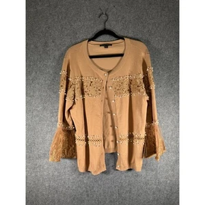 Boston Proper Sweater Women XL Brown Pearl And Lace Embellished Cardigan - Picture 1 of 9