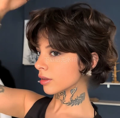 Short Pixie Cut Brown Human Hair Wigs with Bangs Brown Mullet Wigs for Women - Image 1 of 4