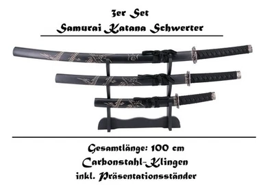 EA SPORTING NUOVO set 3 spade Samurai Katana nere 100 cm + 77 cm + 52 cm per decorazione cosplay