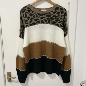 Leopard Print Stripe Boho Jumper Womens L Brown Cream Knit Relaxed Drop Shoulder - Picture 1 of 18
