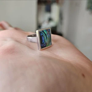 Sterling Silver 925 Square ABALONE Shell Ring UK N 1/2 US 7 Boho Retro Hippy Vtg - Picture 1 of 7