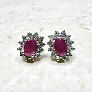 10K Oval Ruby & Diamond Halo Stud Earrings - 10K Yellow Gold Ruby Earrings - Picture 1 of 6