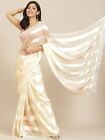 Satin Saree Partywear Sari Bollywood Designer Style Tassel Wedding White Striped