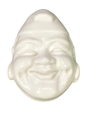 Mask Face Art Trinket Happy Peace Man Asian Buddha Porcelain White 2 Pc - Image 1 of 4