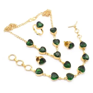 Chrome Diopside Quartz Gold Plated Earring Necklace Ring Heart Jewelry Set B092 - Picture 1 of 5