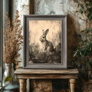 Vintage Kaninchen Wandkunstdruck - einfarbige Wiesenskizze für Cottagecore & Farmh - Bild 1 von 22