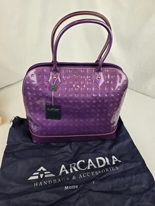 Embossed Purple Patent Leather ARCADIA Satchel Bag Tote Purse Shoulder ITALY - Picture 1 of 13