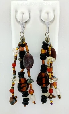 Genuine AMBER Multistones Wrapped Cluster Dangling Earrings .925 SILVER - NWT - Image 1 of 4