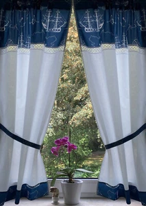 Landhaus Gardine Set 2St weiß blau Maritim Spitze 140x75Gesamt150cm+2 Bänder - Bild 1 von 1