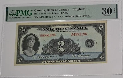 1935 Bank of Canada Queen Mary 2 Dollars SN# A4551196 PMG 30 EPQ Black Seal Note - Image 1 of 4