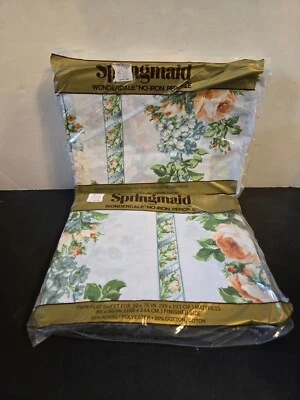 VTG Springmaid CHALLIS ROSE Orange Green TWIN Fitted Flat Sheet Set - Image 1 of 4