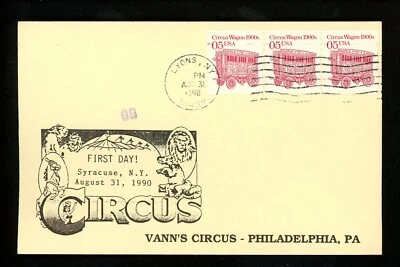 US FDC #2452 Vann's Circus / LGS Card 1990 Lyons NY Circus Wagon 1st Unofficial - Image 1 of 2