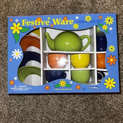 Vintage 1999 Festive Fiesta Ware 13 PC Tea Set Child Doll Size Schylling NEW! - Image 1 of 4