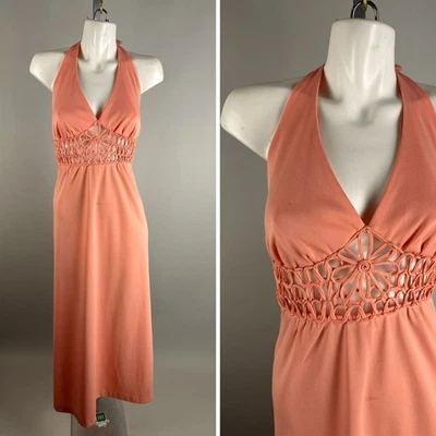 Vestido De Colección Años 70 Corte Coral Rosa Floral Cintura Sin Mangas Disco Maxi Talla Mediana Foto 1 de 4