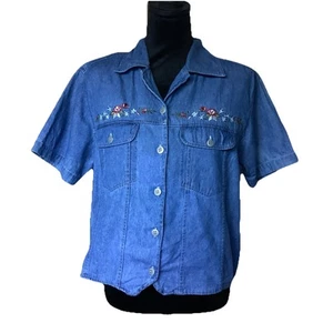 VTG New Look Floral Embroidered Denim Shirt Button Up Short Sleeve Tie Back/Pads - Picture 1 of 18