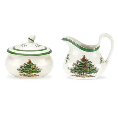Azúcarero dorado Spode árbol de Navidad con tapa. & Creamer Set - Nuevo en caja Foto 1 de 4