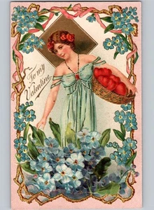 C1905 To My Valentine Hermosa Mujer Cesta de Corazones Floral Tarjeta Postal en Relieve - Imagen 1 de 2