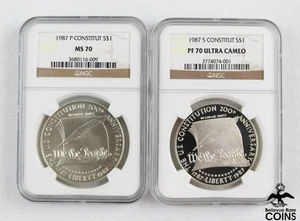 Lot of 2: 1987 US $1 Silver Coins U.S. Constitution NGC MS70 & PF70 Ultra Cameo - Picture 1 of 2