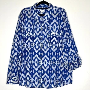 Chico's Ikat Button Down Roll Tab Sleeve Shirt Women's Size XL (Chico's Size 3) - Picture 1 of 10