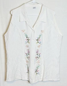 LIBIA Womens Plus Sz 44 White Sleeveless Embroiderd Blouse 100% Cotton Mexico - Picture 1 of 8