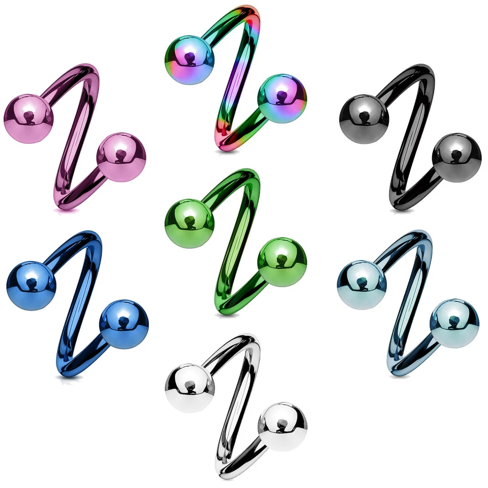 1,2mm Labbra Piercing Labret Spirale Twist Doppio Sfera Titanio Acciaio Z400 - Immagine 1 di 1