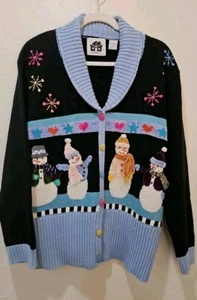 Storybook Knits Cardigan Sweater Sz L snowman wonderland Embroidered HSN blue - Picture 1 of 10
