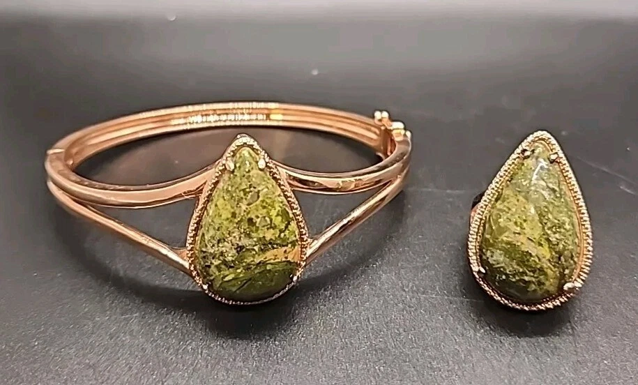 Brazalete y anillo Timna Unakite lágrima cobre bisagras tamaño 7,5, conjunto JTV Foto 1 de 4