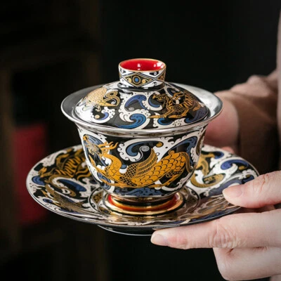 Cerámica + Tapa de cuenco cubierta de puré de porcelana china Gaiwan de plata de ley 999 Foto 1 de 4