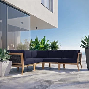 Modway Clearwater Outdoor Patio Teak Wood 5-Piece Sectional Sofa in Gray Navy - Picture 1 of 10