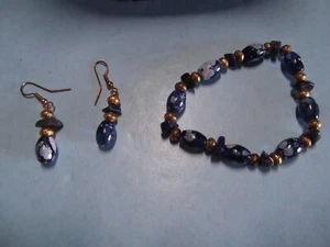 Unique Fashion Jewelry Set Blue/Gold Glass Bead Bracelet & Dangle Drop Earrings - Picture 1 of 7
