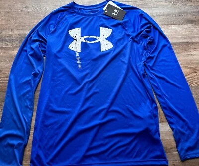 NWT Under Armour YXL Boys Roy Blue/Wht Splatter BIG LOGO L/S Heat Gear Shirt XL - Image 1 of 2