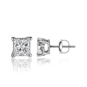 4 Ct Princess Cut FL/D Lab Created Stud Earrings 14k White Gold 7mm Screw Back - Picture 1 of 10