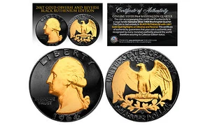 Black RUTHENIUM 2-Sided 1964 US Genuine Silver Quarter Coin w/ Genuine 24KT Gold - Picture 1 of 2