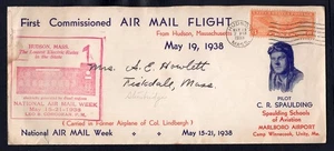 USA Hudson Mass 1938 First Commissioned Airmail Flight Cover. Pilot CR Spaulding - Picture 1 of 2