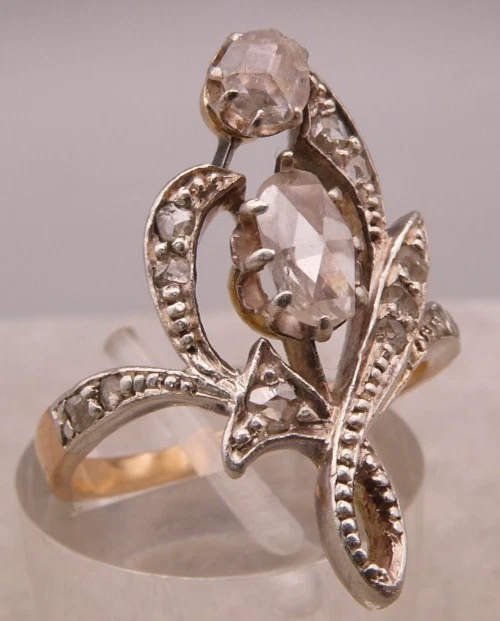 Ring Gold 14 Karat Jugendstil Art Nouveau Rarität mehrfärbig mit Diamantrosen - Bild 1 von 4
